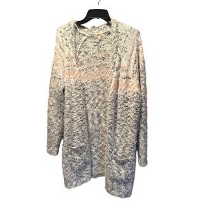 Retrology Open Front Feather Knit Cardigan Gray Pink Cream 1X